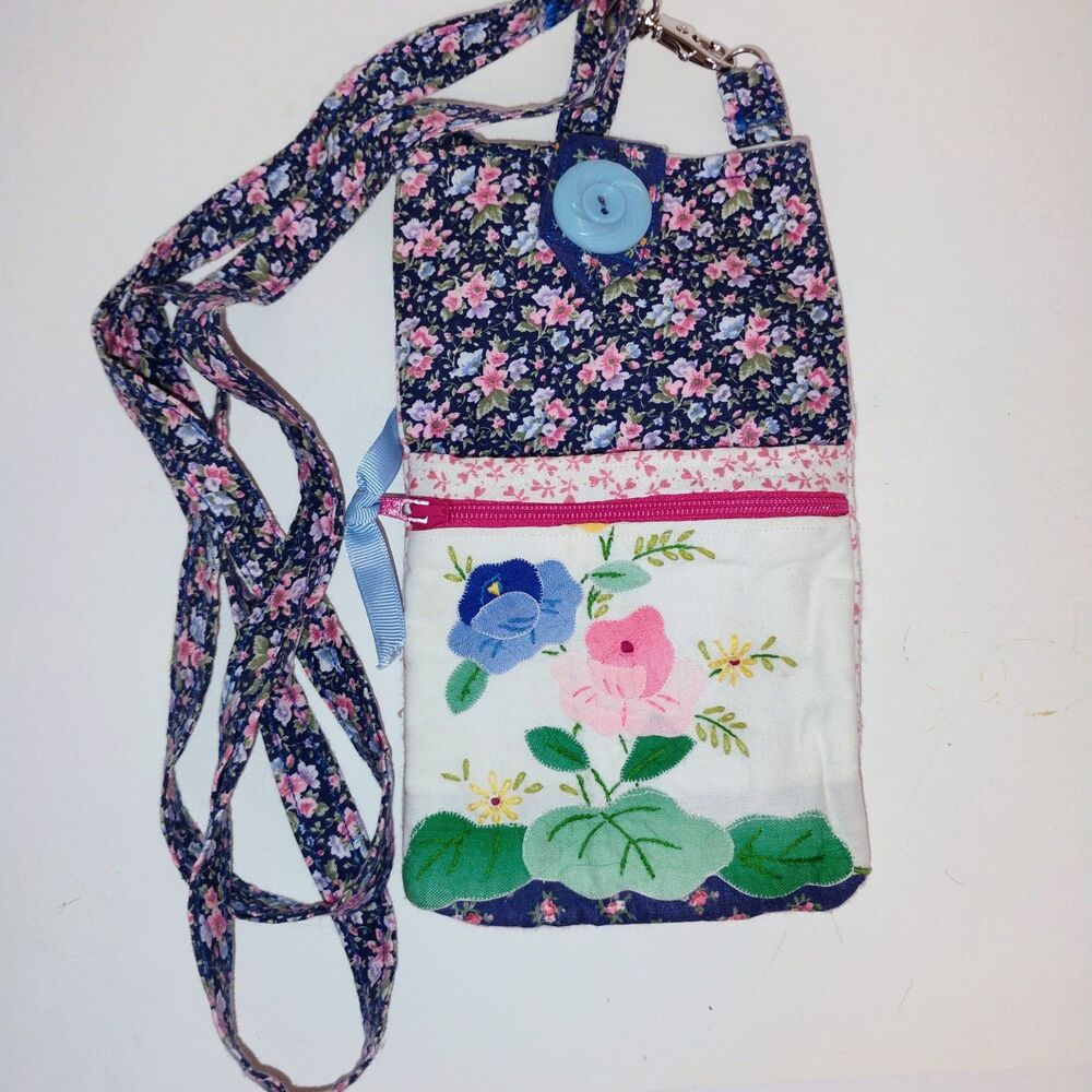 Vintage Handmade “Aunt Maryme’s Attic” Floral Crossbody Bag Purse Blue Pink